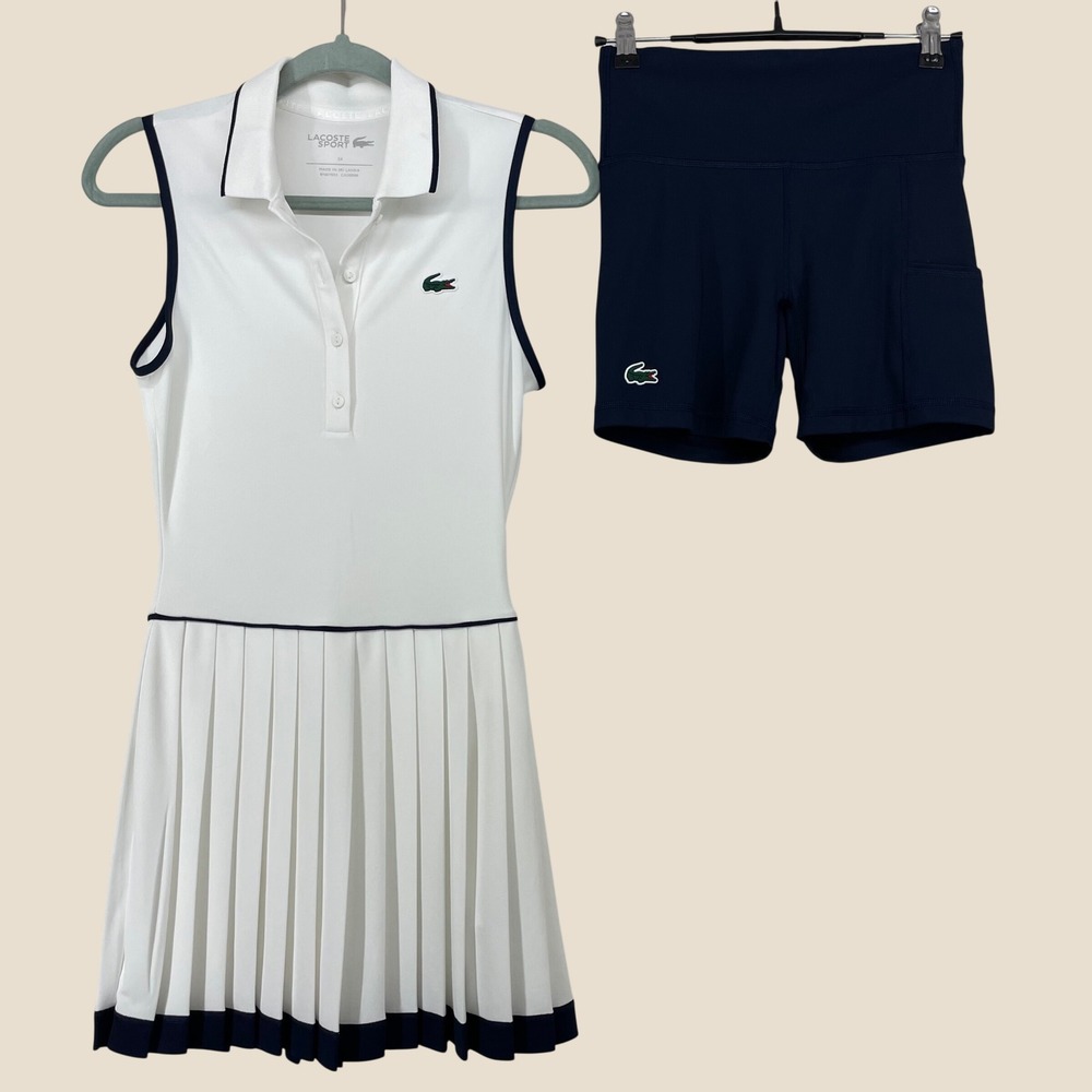Lacoste Size XS 34 Tennis Heritage Dress White Navy Pleated Ultra Dry Womens